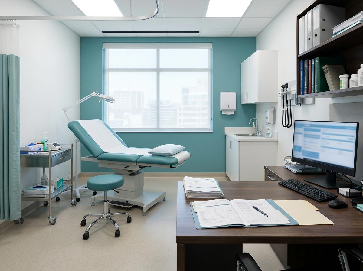 Consultório de urologia com médico e paciente