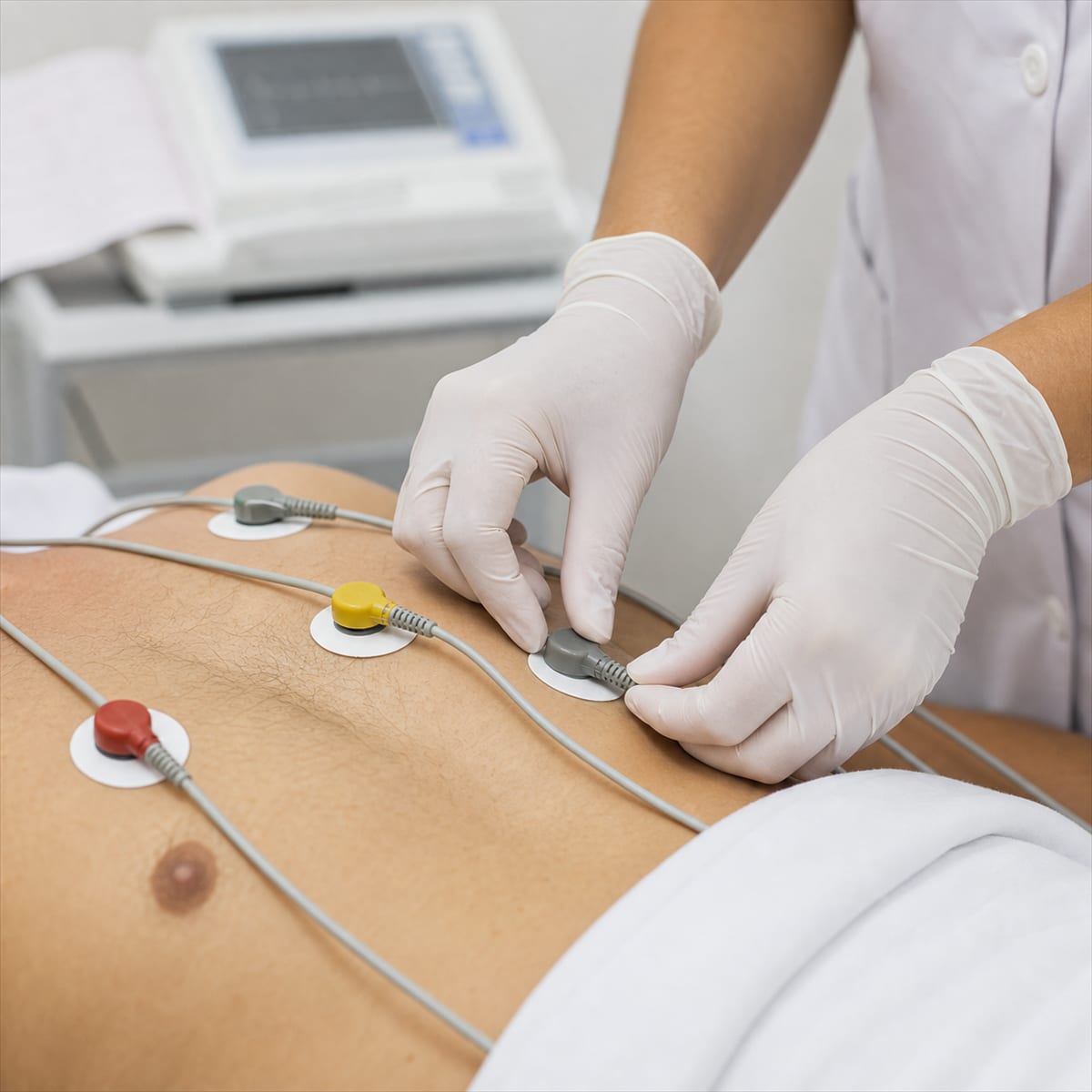 Eletrocardiograma sendo realizado em paciente em clínica em Campinas