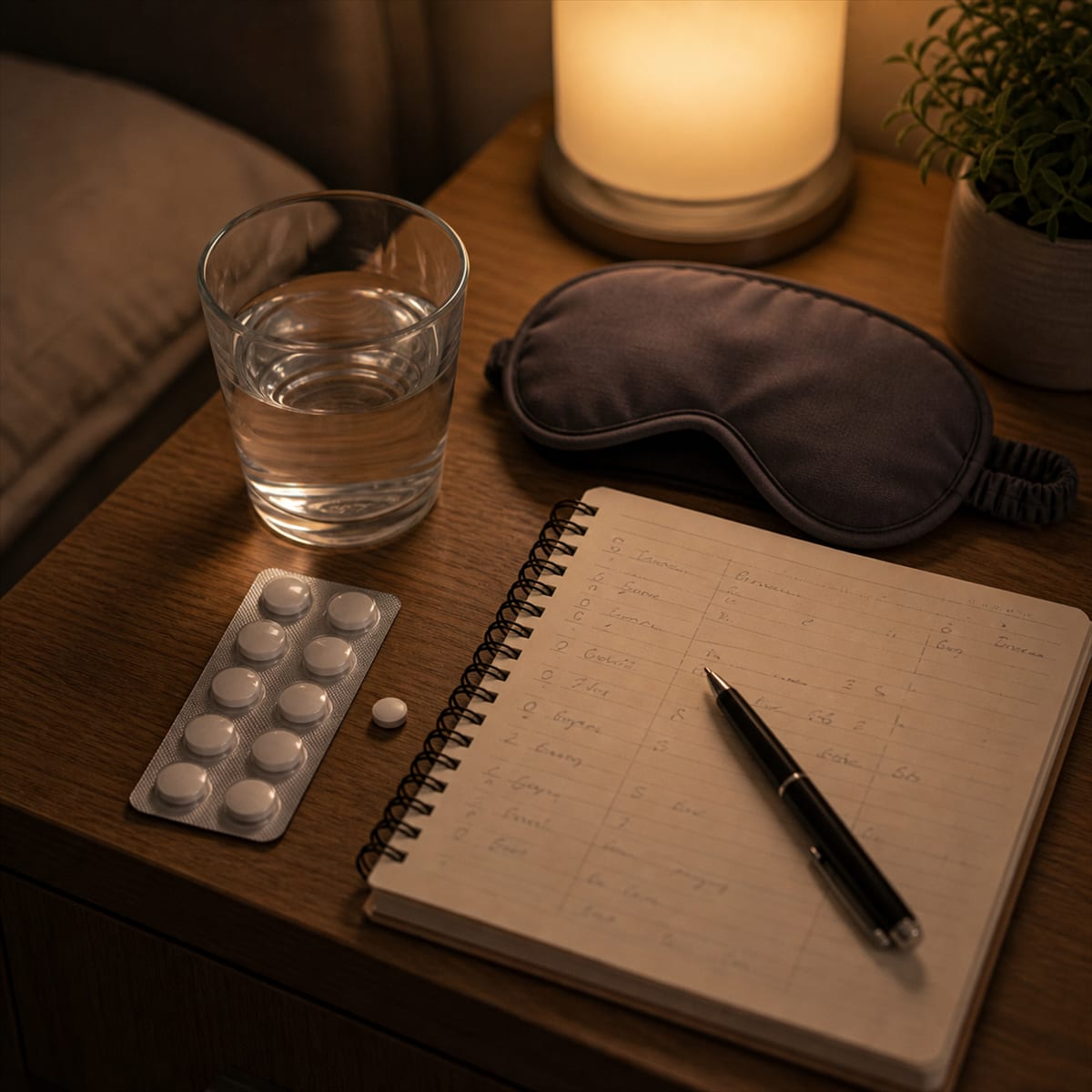 Diário de enxaqueca, medicação genérica e máscara de dormir em mesa de cabeceira
