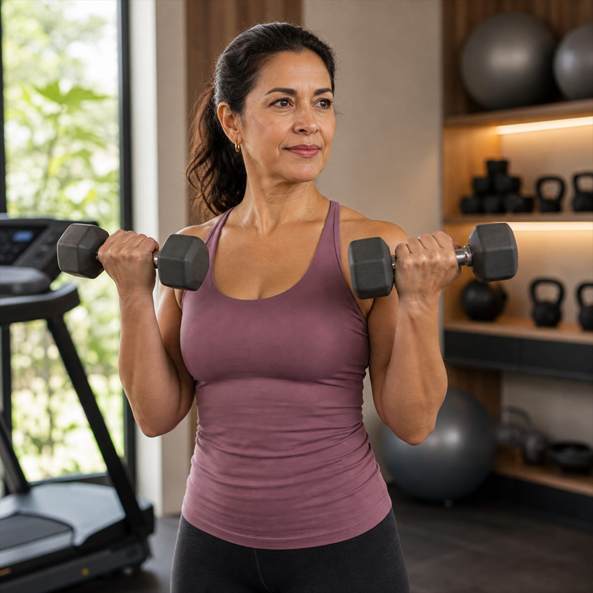 Mulher madura praticando treino de força para saúde óssea na menopausa
