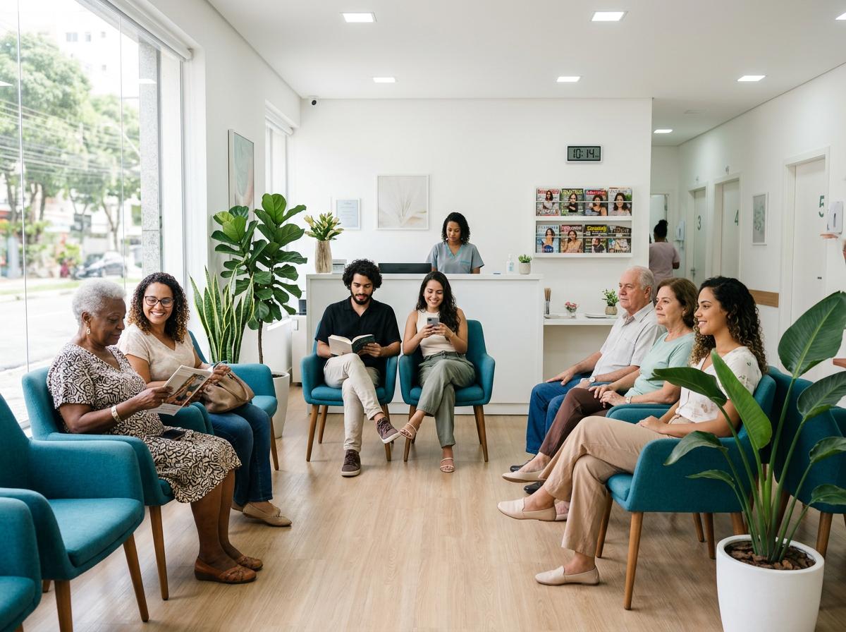 Sala de espera de clínica popular com pacientes