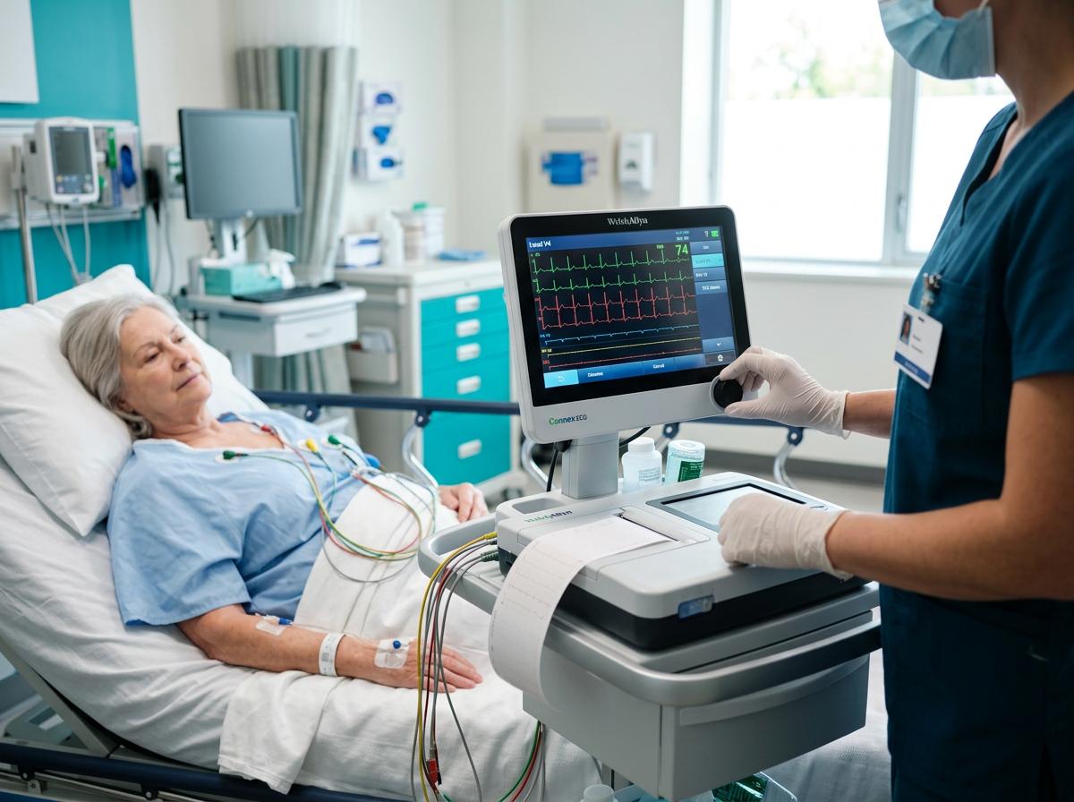 Técnico operando aparelho de ECG