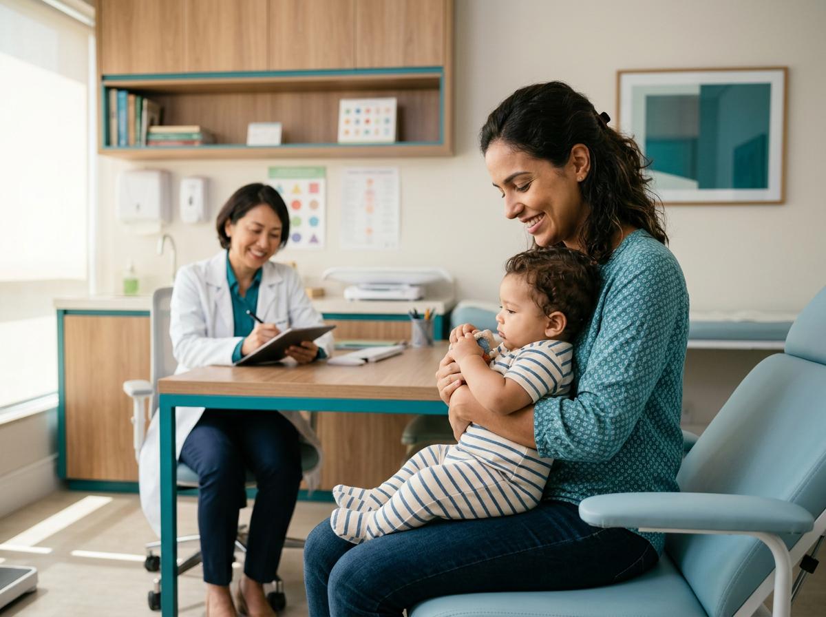 Mãe segurando bebê em consulta com pediatra