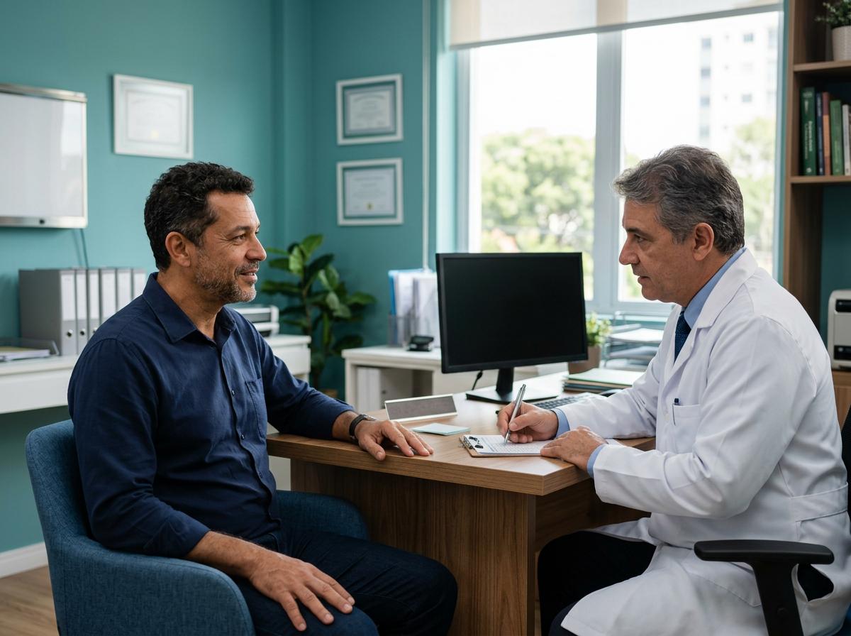 Paciente conversando com urologista sobre exame de próstata