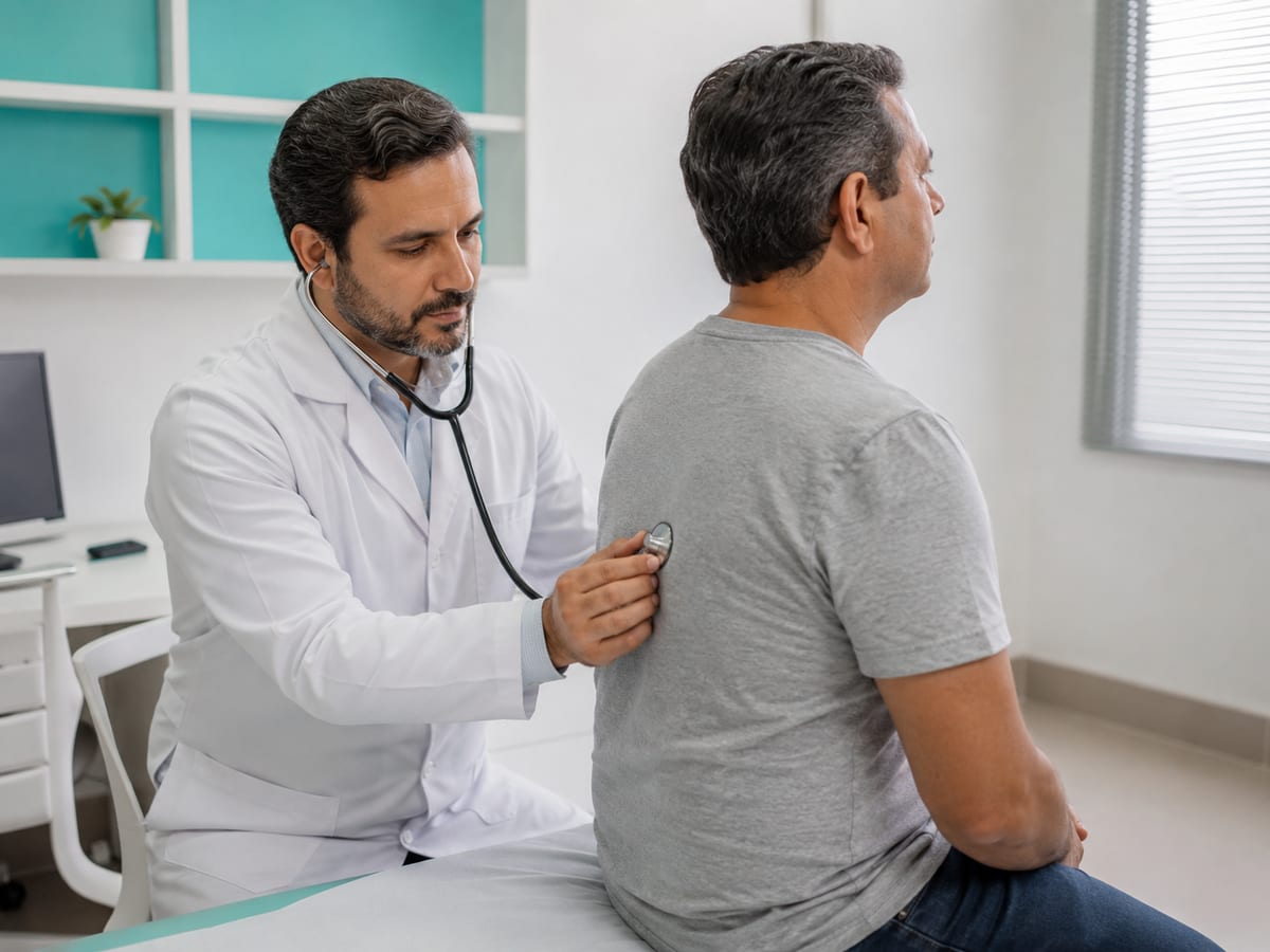 Médico clínico geral auscultando paciente com estetoscópio em consultório em Campinas