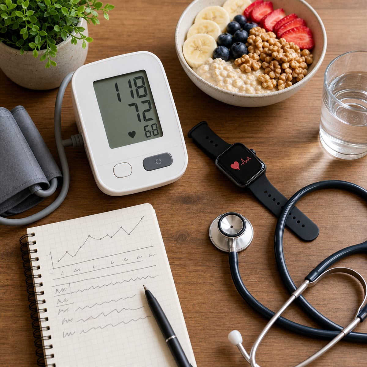 Equipamentos de monitoramento cardíaco e alimentação saudável para saúde do coração