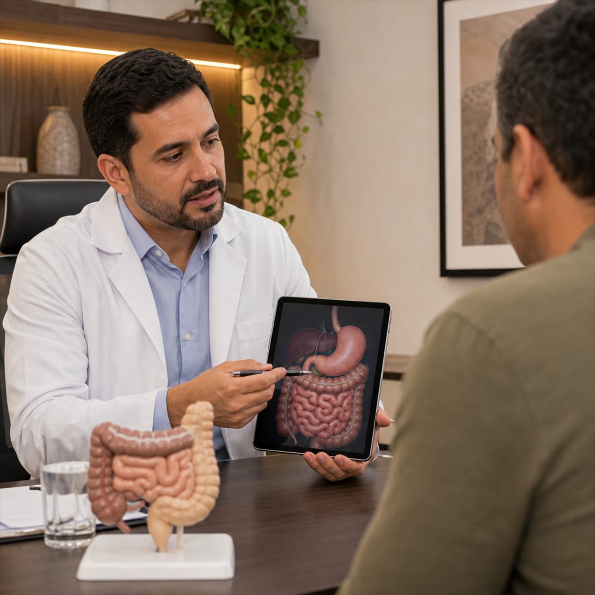 Clínico geral explicando anatomia digestiva a paciente em consultório em Campinas