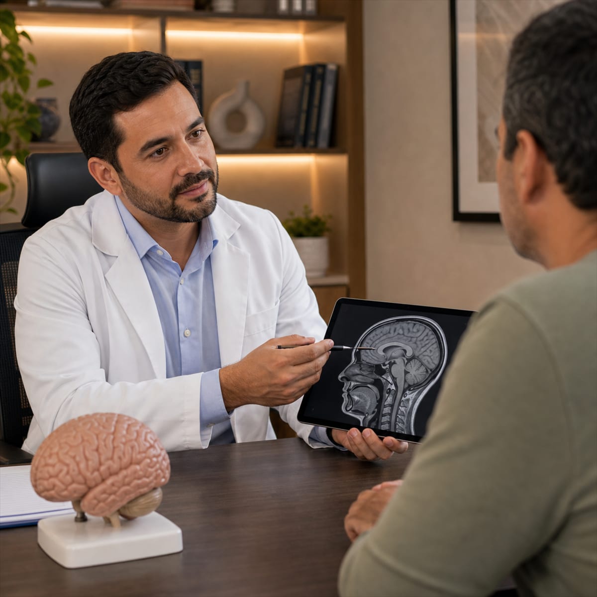 Neurologista explicando exames de crânio a paciente com enxaqueca em Campinas