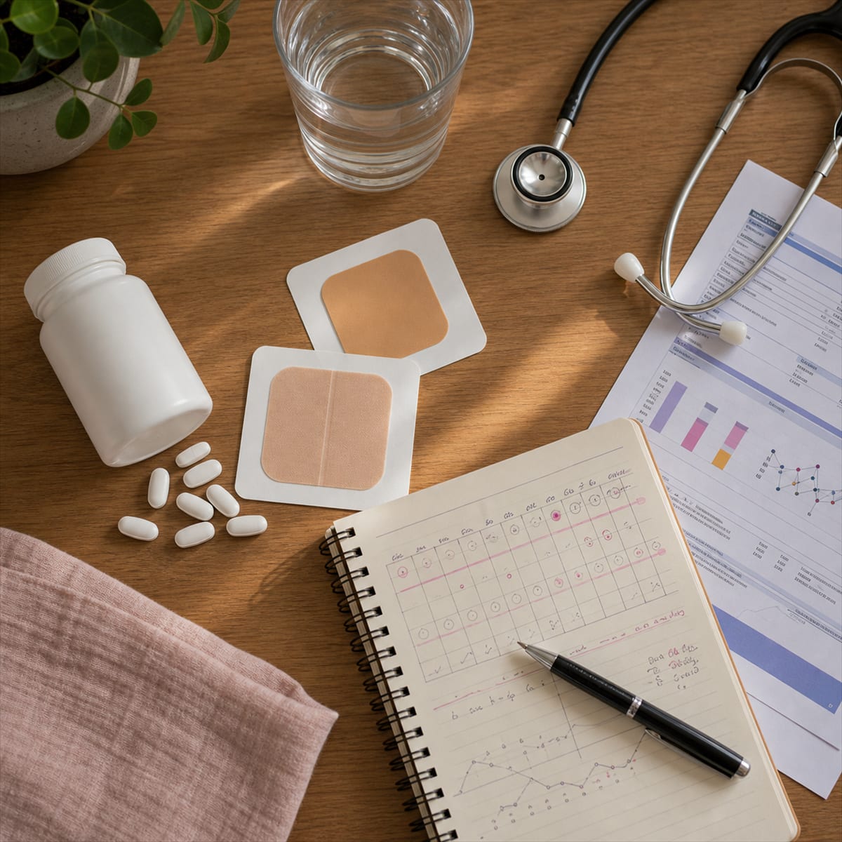 Adesivos de terapia hormonal, suplementos e exames laboratoriais para climatério