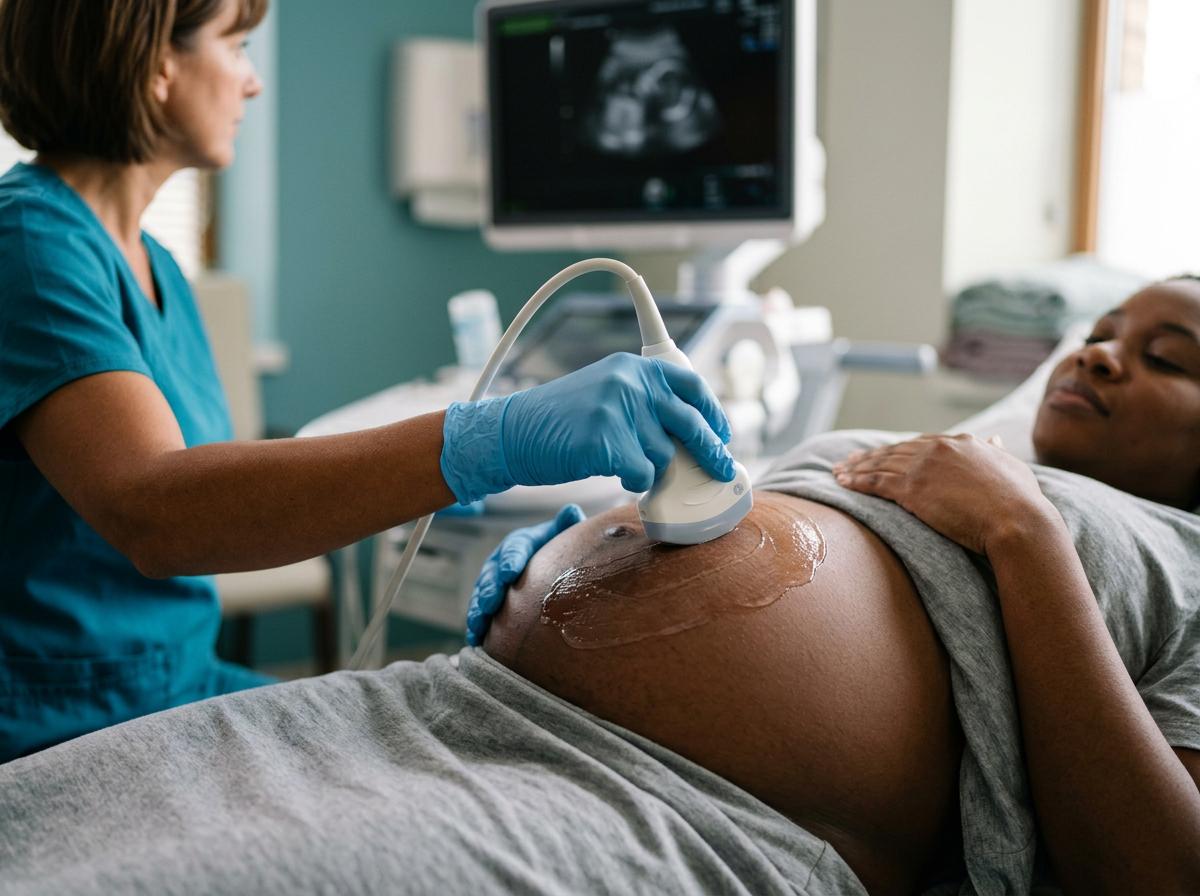 Médica realizando ultrassom em gestante