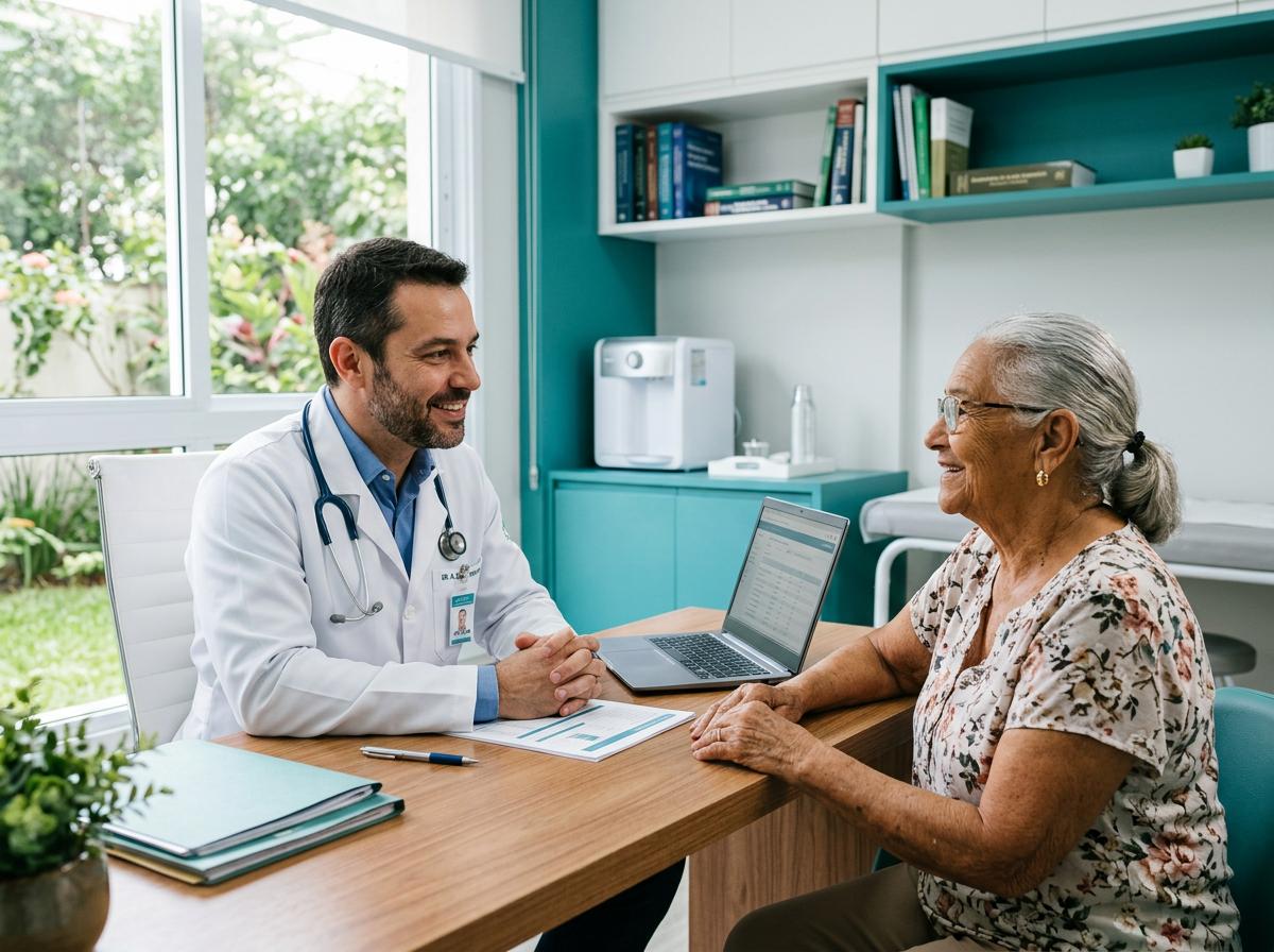 Médico orientando paciente sobre diabetes