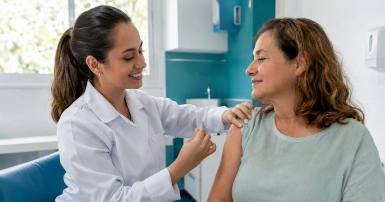 Enfermeira aplicando vacina da gripe 2026 em paciente adulta em clínica em Campinas