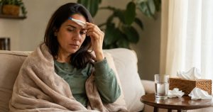 Mulher com sintomas de gripe medindo a temperatura com termômetro em casa