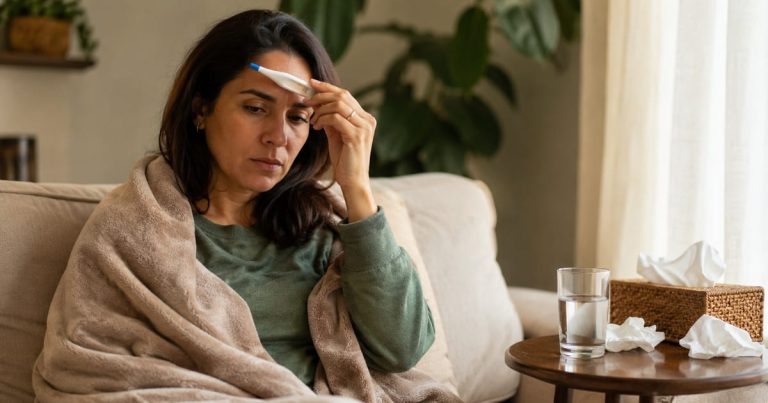 Mulher com sintomas de gripe medindo a temperatura com termômetro em casa