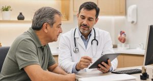 Cardiologista explicando exames a paciente em consulta em Campinas