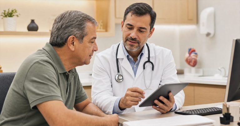 Cardiologista explicando exames a paciente em consulta em Campinas