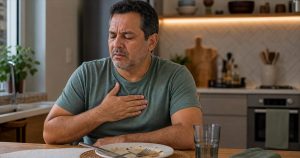 Homem com sintomas de refluxo gastroesofágico após refeição