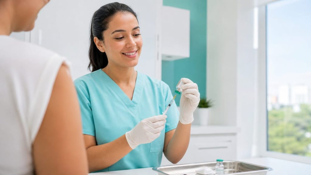 Enfermeira aplicando vacina da gripe 2026 em paciente adulta em clínica em Campinas