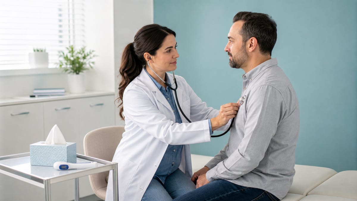 Médico clínico geral auscultando paciente com estetoscópio em consultório em Campinas