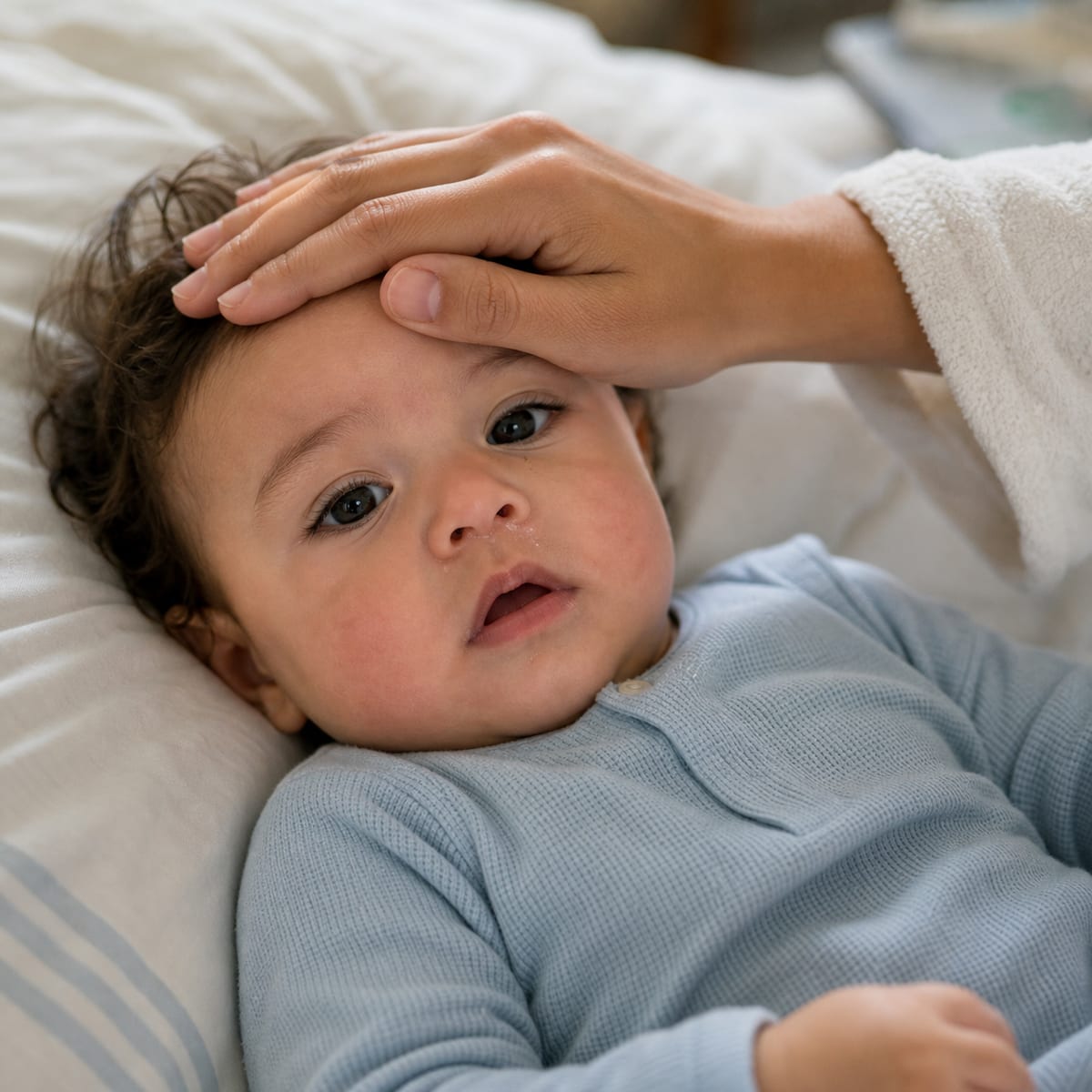 Bebê com sintomas de bronquiolite — congestão e cansaço respiratório