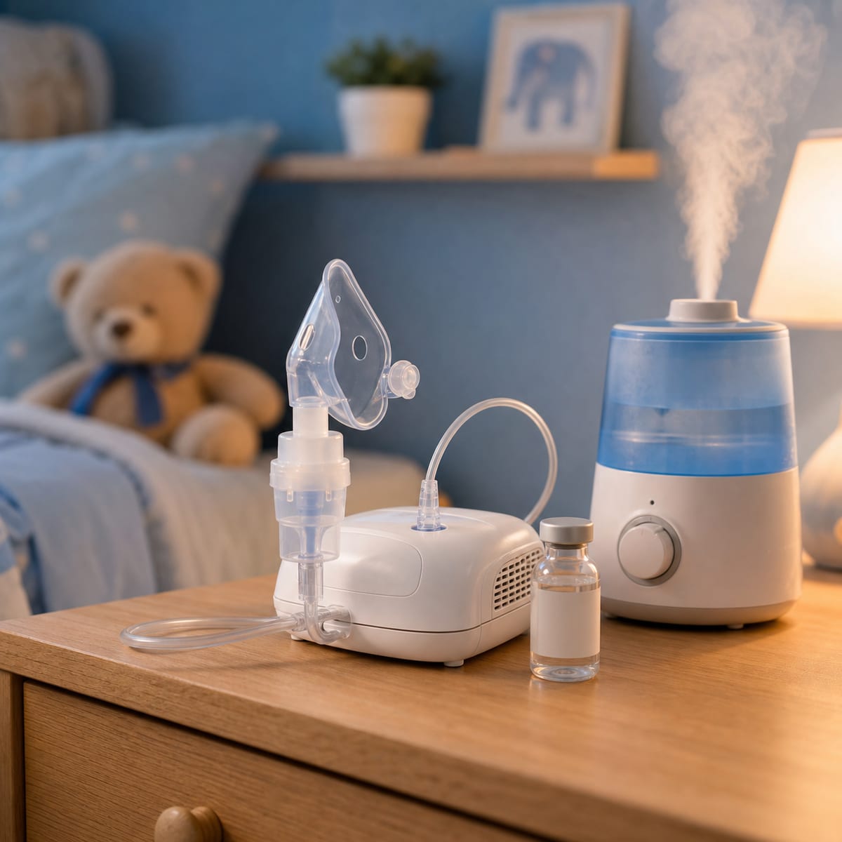 Nebulizador e umidificador no quarto do bebê com bronquiolite