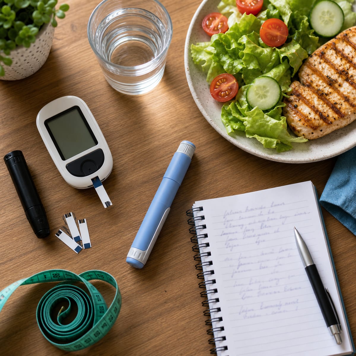 Glicosímetro, fita métrica, caneta de injeção e alimentação saudável — controle metabólico