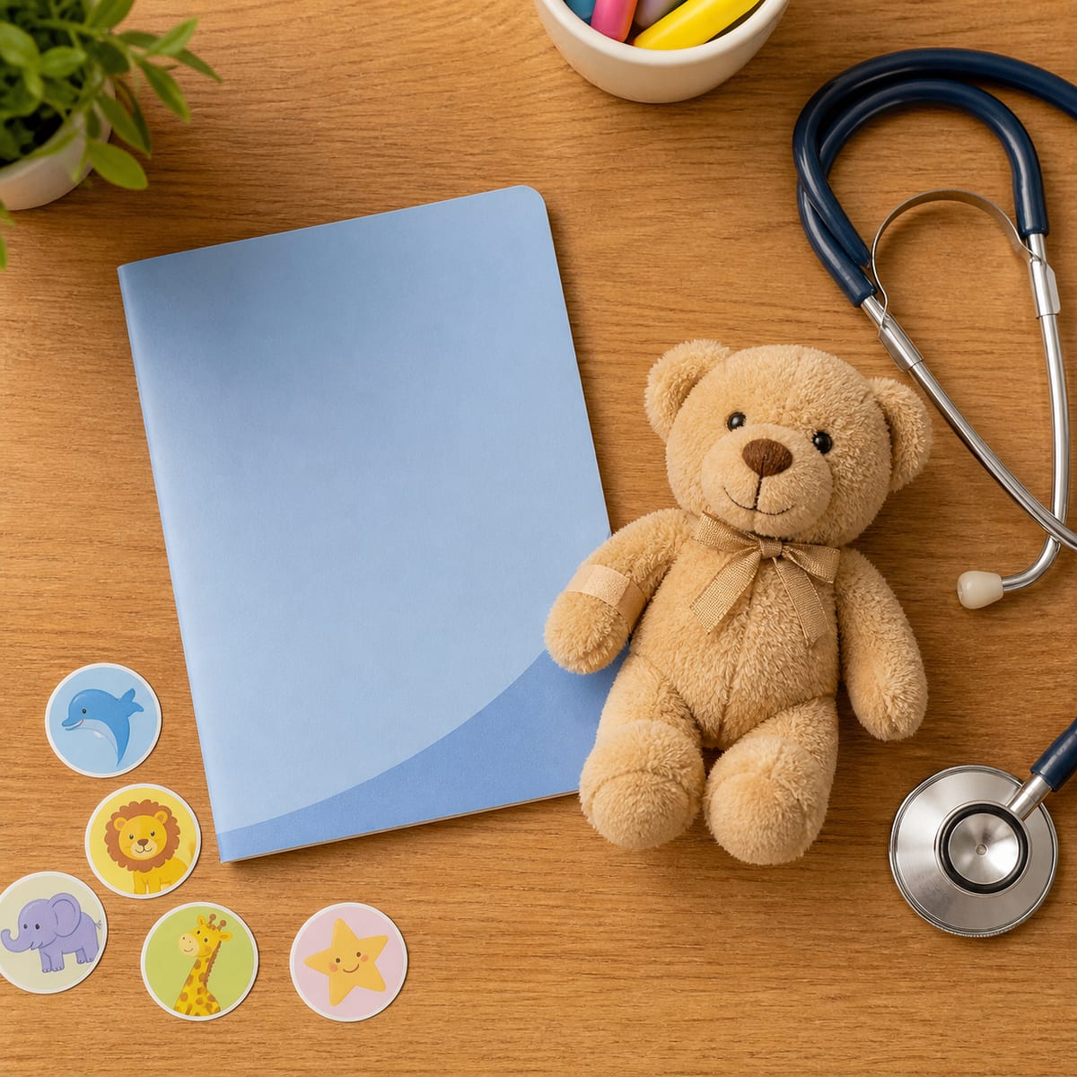 Caderneta de vacinação infantil com brinquedos e estetoscópio em mesa