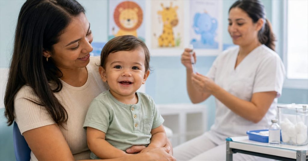 Mãe segurando criança durante vacinação infantil em sala de imunização em Campinas