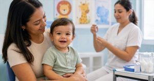 Mãe segurando criança durante vacinação infantil em sala de imunização em Campinas
