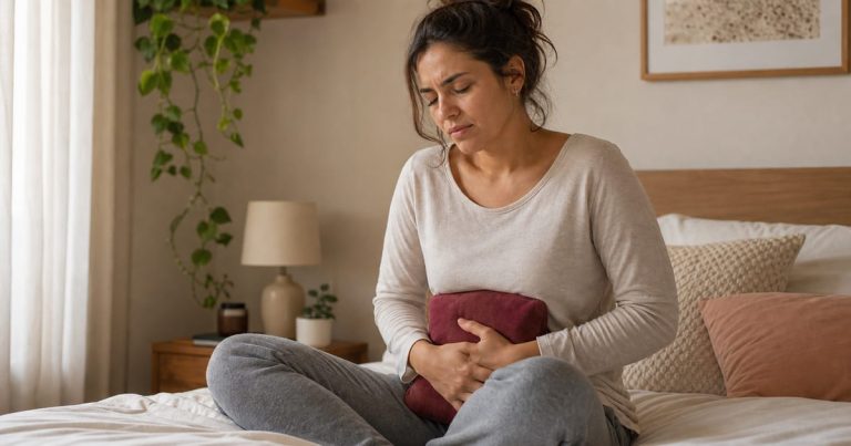 Mulher com dor pélvica usando compressa quente — sintoma de endometriose