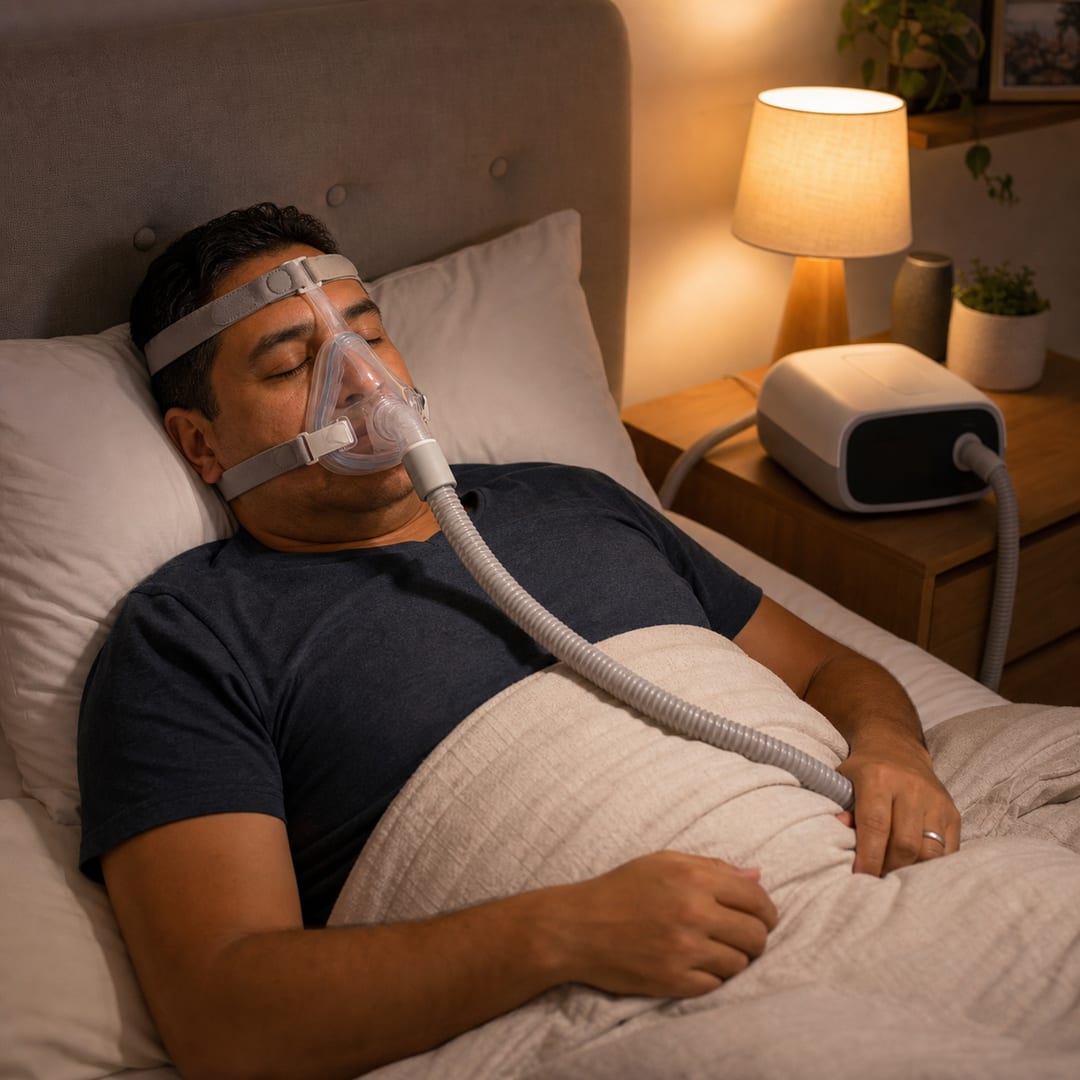 Paciente dormindo com CPAP para tratamento de apneia obstrutiva do sono