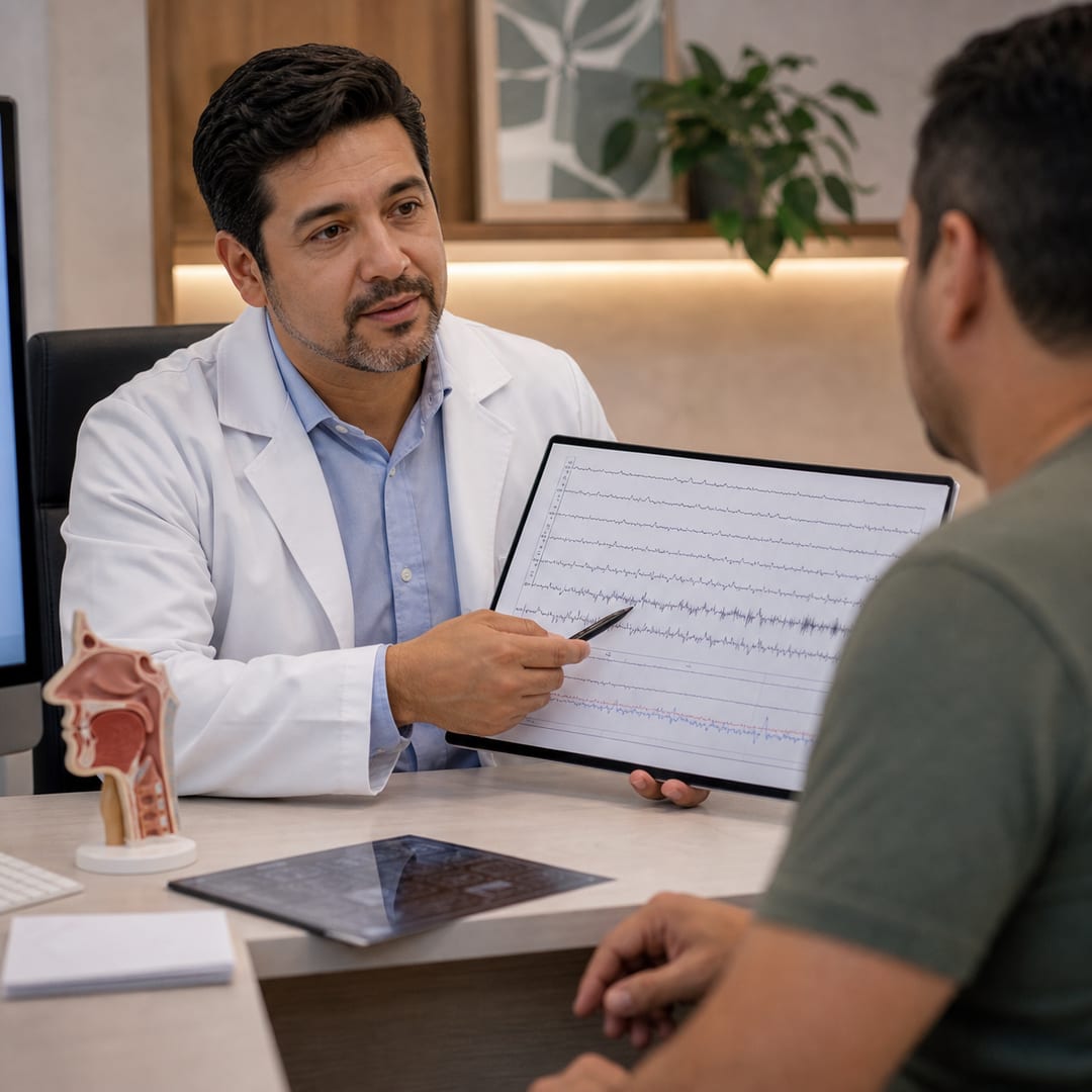 Médico mostrando resultado de polissonografia em consulta em Campinas
