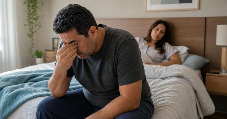 Homem cansado pela manhã devido à apneia do sono não tratada