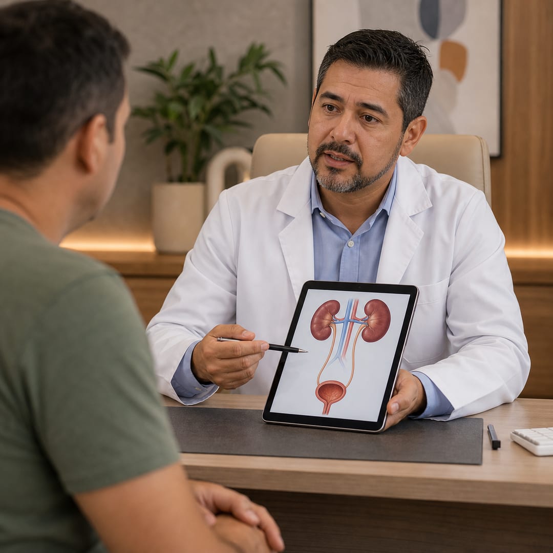 Urologista explicando anatomia urinária para paciente em consulta em Campinas