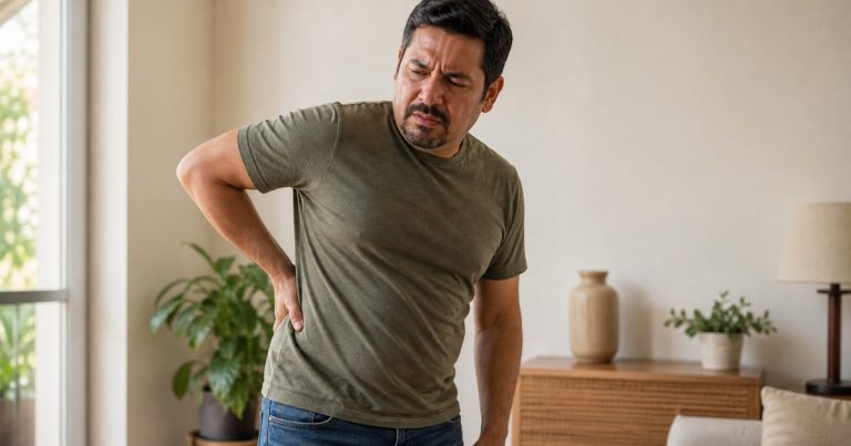 Homem com dor no flanco lombar característica de cólica renal