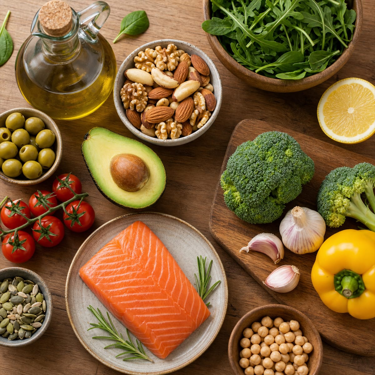 Alimentos da dieta mediterrânea — azeite oleaginosas abacate e peixe