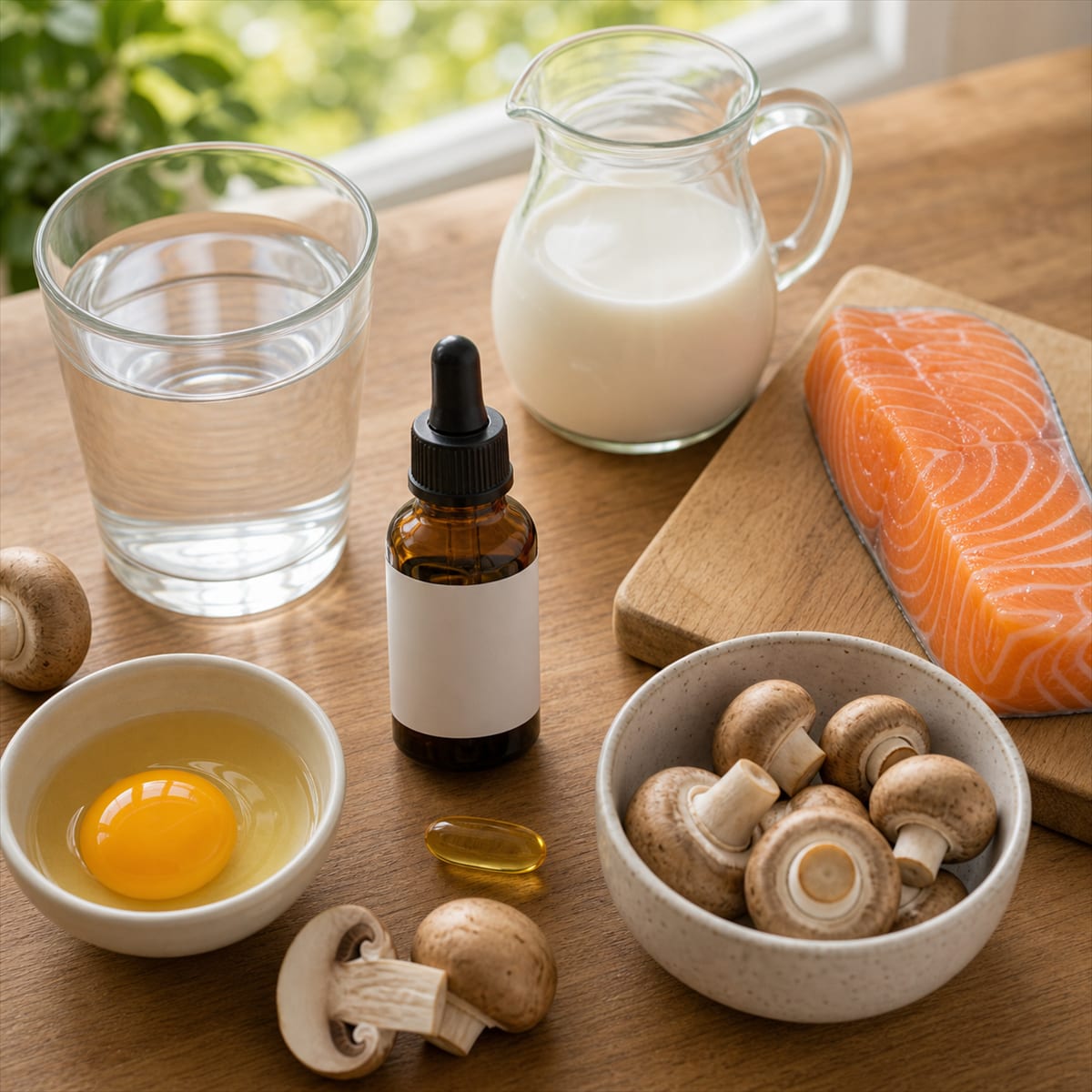 Suplemento de vitamina D e alimentos ricos como peixe gordo e gema de ovo