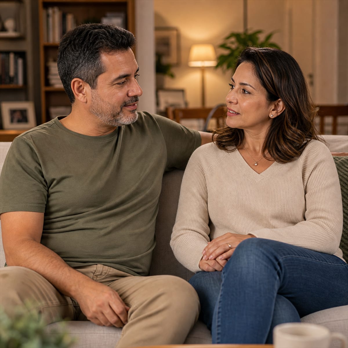 Casal brasileiro em conversa empática sobre planejamento familiar