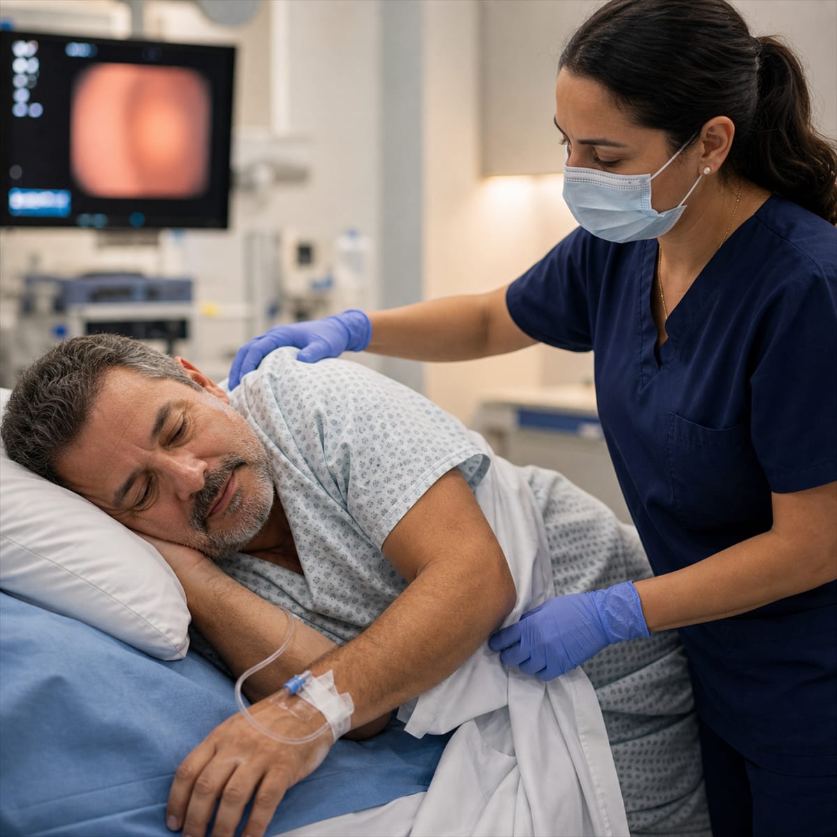 Paciente em sala de endoscopia preparado para colonoscopia com sedação