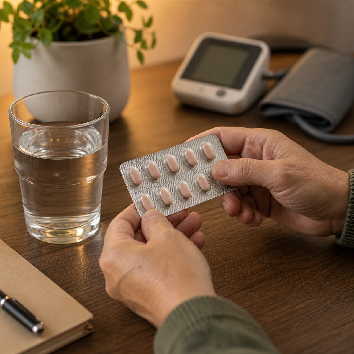 Manejo de estatina — comprimido e copo de água para controle do colesterol