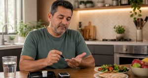 Homem realizando teste de glicemia em casa para controle de pré-diabetes