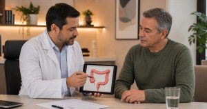 Médico explicando anatomia do cólon para paciente em consulta em Campinas
