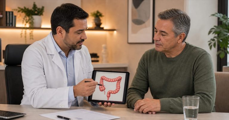 Médico explicando anatomia do cólon para paciente em consulta em Campinas