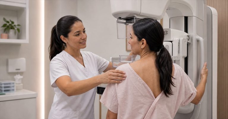 Paciente em sala de mamografia sendo posicionada por técnica de radiologia em Campinas