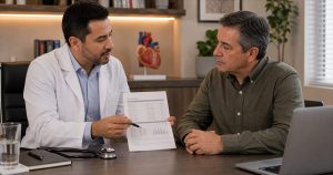 Cardiologista mostrando exame de perfil lipídico para paciente em consulta em Campinas