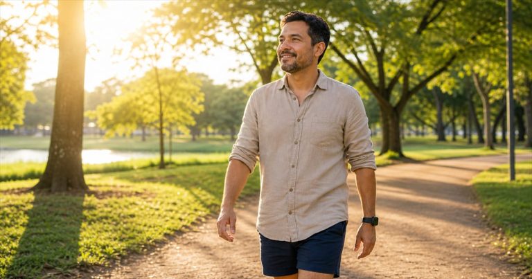 Pessoa em caminhada matinal com exposição solar moderada — síntese natural de vitamina D